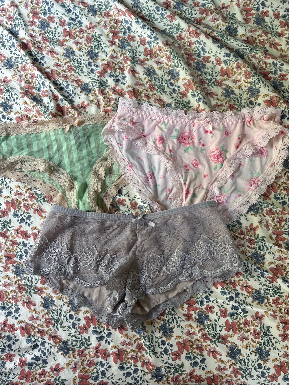 Set of Three Floral & Lace Bikini Briefs - Pink, Mint, Gray